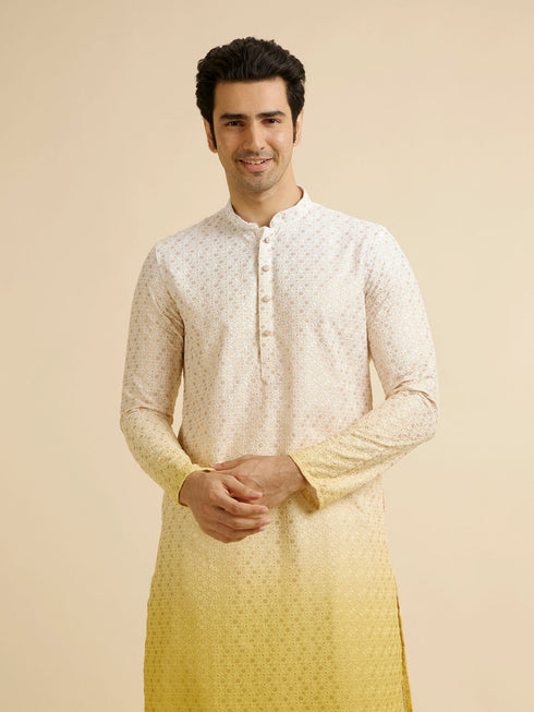 Manyavar Yellow Ombre Dyed Chikankari Kurta Set