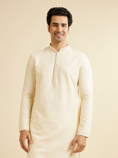 Manyavar Cream White Buta Jaal Patterned Kurta Set