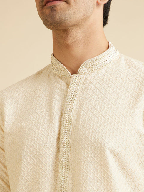 Manyavar Cream White Buta Jaal Patterned Kurta Set