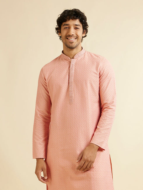 Manyavar Coral Peach Buta Jaal Patterned Kurta Set