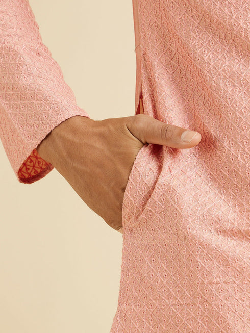 Manyavar Coral Peach Buta Jaal Patterned Kurta Set