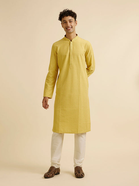 Manyavar Mustard Yellow Grid Jaal Patterned Kurta Set