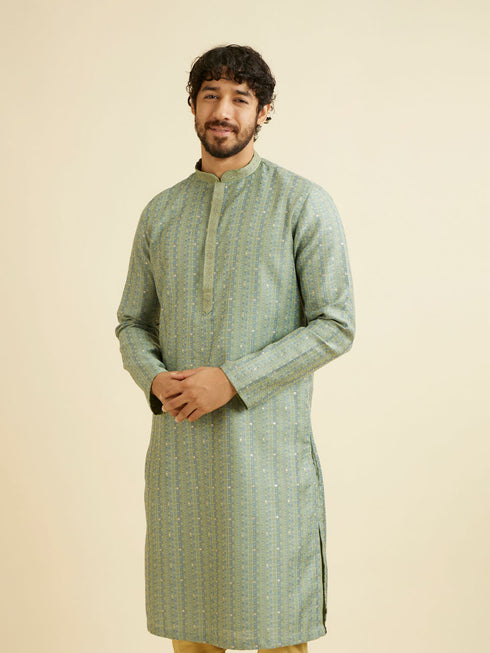 Manyavar Soft Green Linear Patterned Kurta Set with Sequin Work