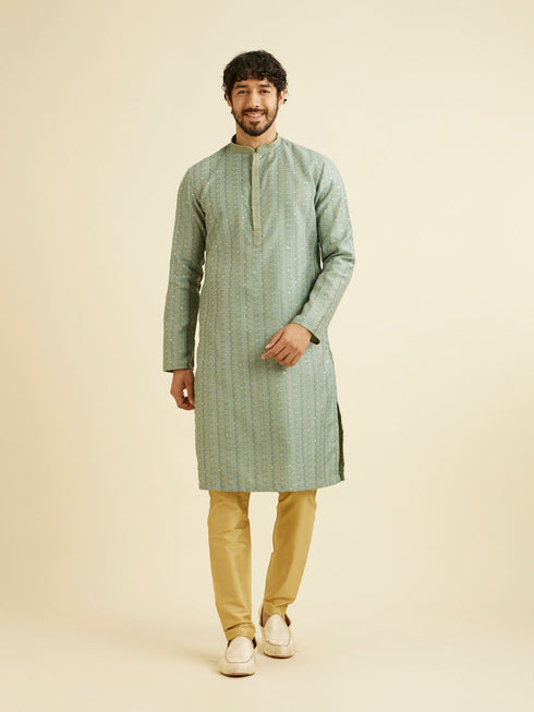 Manyavar Soft Green Linear Patterned Kurta Set with Sequin Work