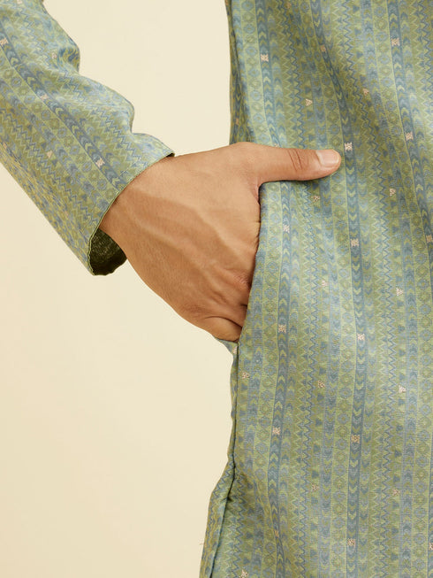 Manyavar Soft Green Linear Patterned Kurta Set with Sequin Work