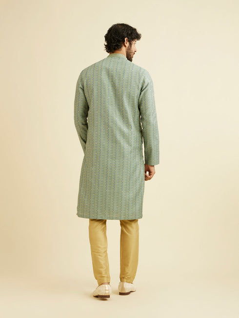 Manyavar Soft Green Linear Patterned Kurta Set with Sequin Work