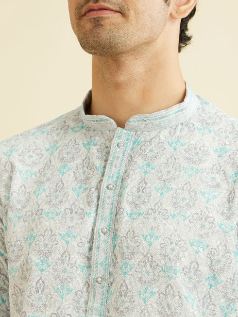 Manyavar Powder Blue Chikankari Printed Kurta Set