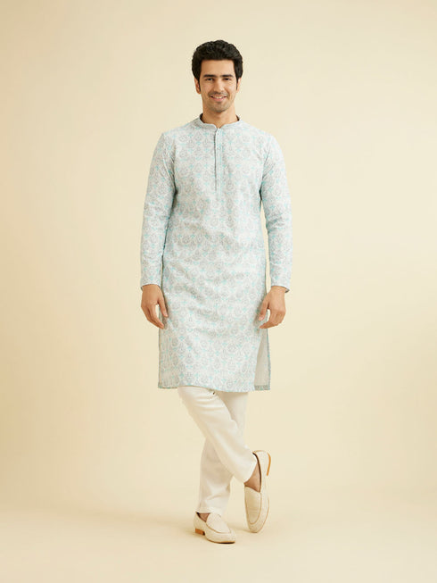 Manyavar Powder Blue Chikankari Printed Kurta Set