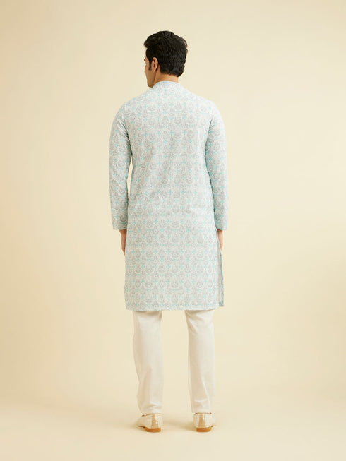 Manyavar Powder Blue Chikankari Printed Kurta Set