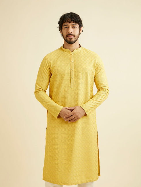 Manyavar Primrose Yellow Lattice Patterned Kurta Set