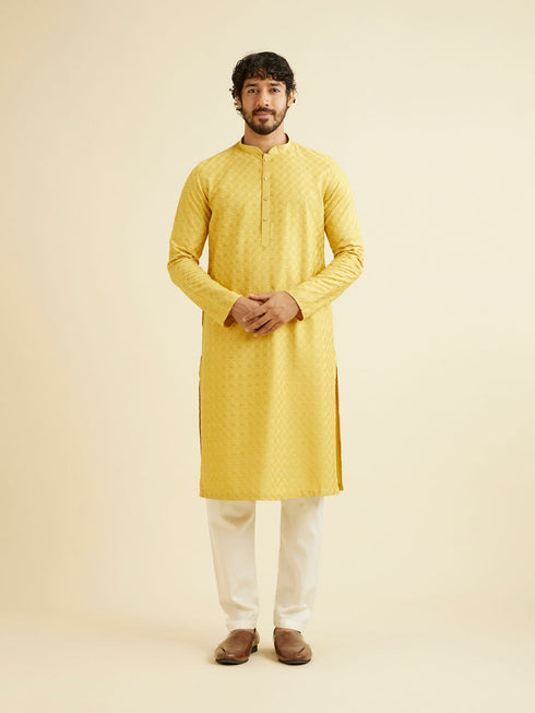 Manyavar Primrose Yellow Lattice Patterned Kurta Set