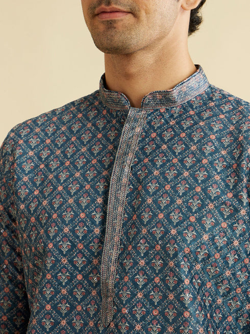 Manyavar Teal Blue Chikankari Print Kurta Set with Sequin Work