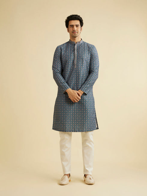 Manyavar Teal Blue Chikankari Print Kurta Set with Sequin Work