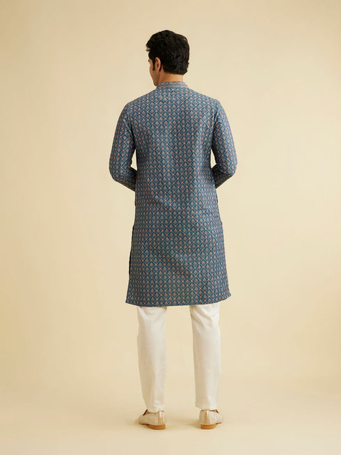 Manyavar Teal Blue Chikankari Print Kurta Set with Sequin Work