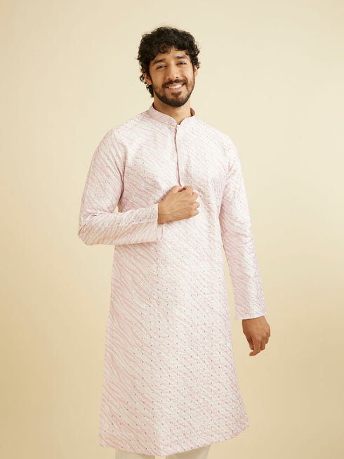Manyavar Baby Pink Wave Print Kurta Set with Sequin Work