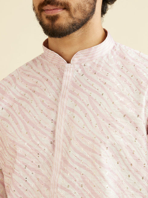 Manyavar Baby Pink Wave Print Kurta Set with Sequin Work