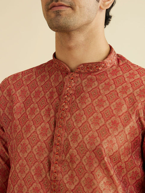 Manyavar Rust Red Trellis Patterned Kurta Set