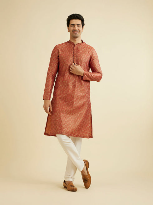 Manyavar Rust Red Trellis Patterned Kurta Set