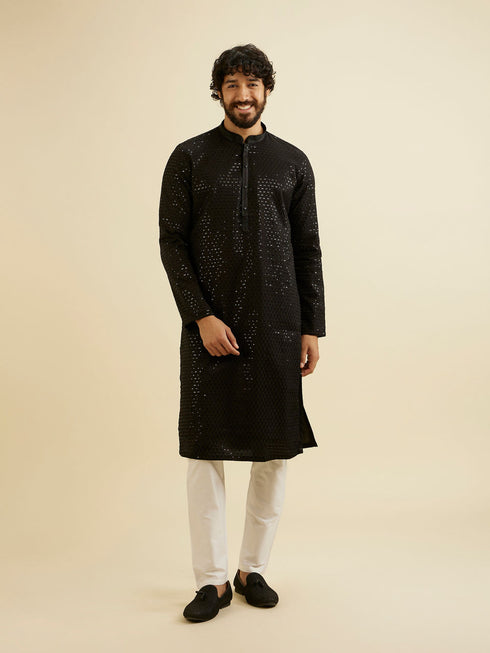 Manyavar Midnight Black Embroidered Kurta Set with Sequin Work