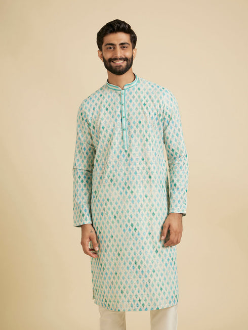 Manyavar Aqua Green Chikankari Printed Kurta Set with Sequin Work
