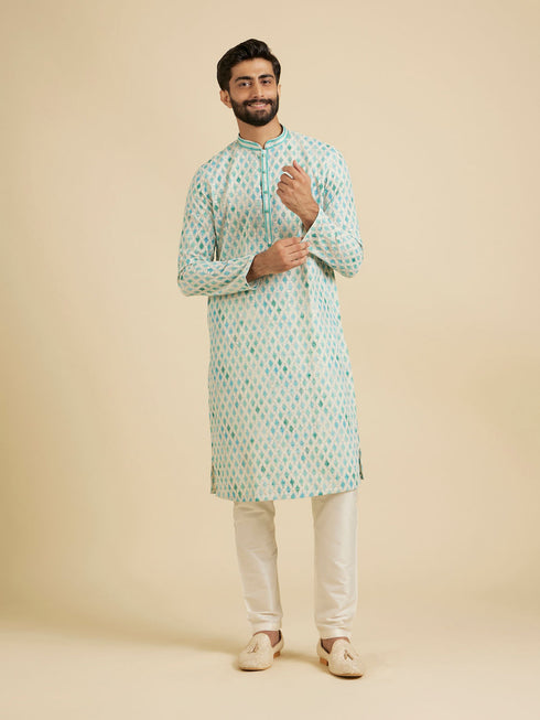 Manyavar Aqua Green Chikankari Printed Kurta Set with Sequin Work
