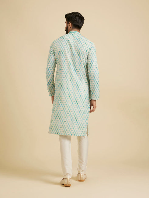 Manyavar Aqua Green Chikankari Printed Kurta Set with Sequin Work