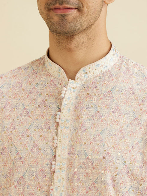 Manyavar Baby Pink Chikankari Print Kurta Set with Sequin Work