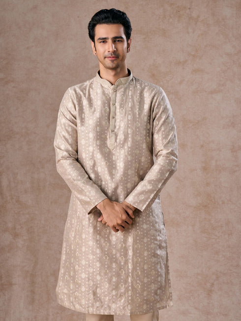 Manyavar Timeless Beige Brocade Kurta Pajama
