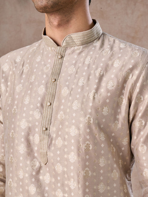 Manyavar Timeless Beige Brocade Kurta Pajama