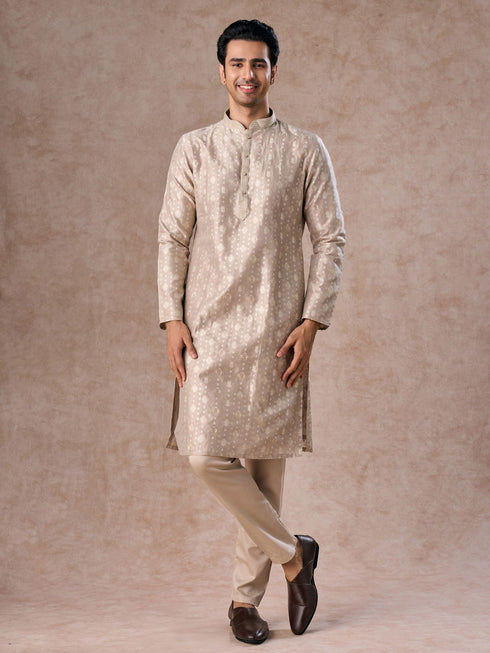 Manyavar Timeless Beige Brocade Kurta Pajama