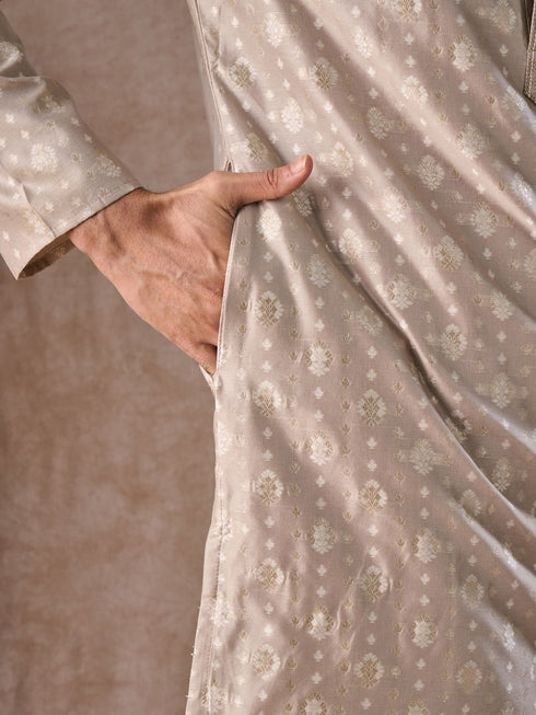Manyavar Timeless Beige Brocade Kurta Pajama