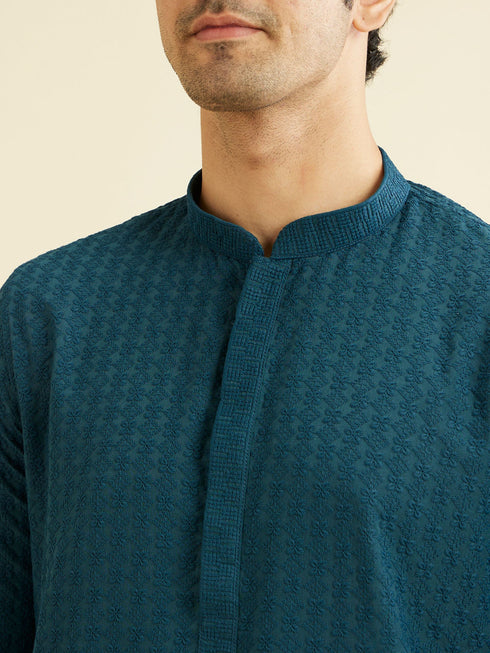 Manyavar Teal Blue Chikankari Embroidered Kurta Set