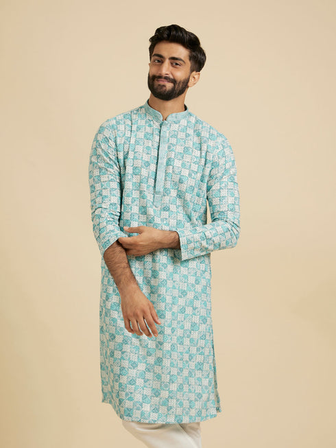 Manyavar Aqua Green Chikankari Print Kurta Set