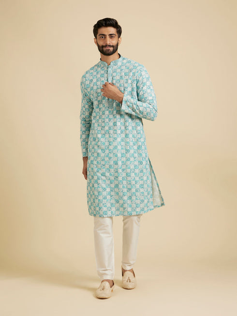 Manyavar Aqua Green Chikankari Print Kurta Set
