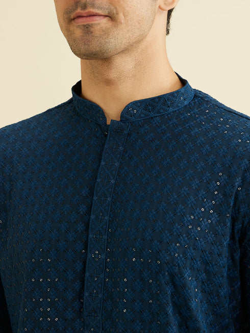 Manyavar Teal Blue Chikankari Kurta Set with Sequin Work