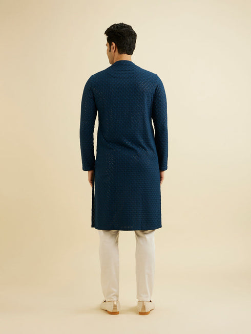 Manyavar Teal Blue Chikankari Kurta Set with Sequin Work