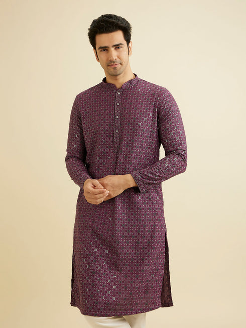 Manyavar Wine Red Chikankari Kurta Set with Sequin Work