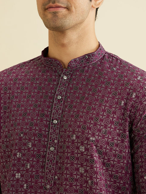 Manyavar Wine Red Chikankari Kurta Set with Sequin Work