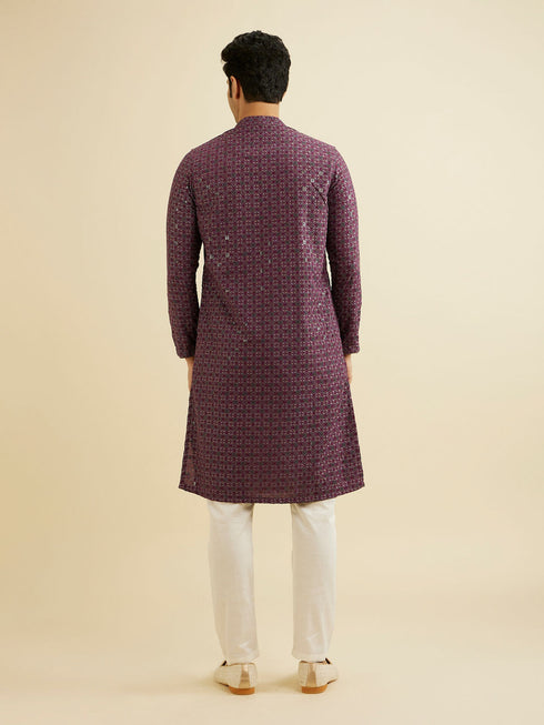 Manyavar Wine Red Chikankari Kurta Set with Sequin Work