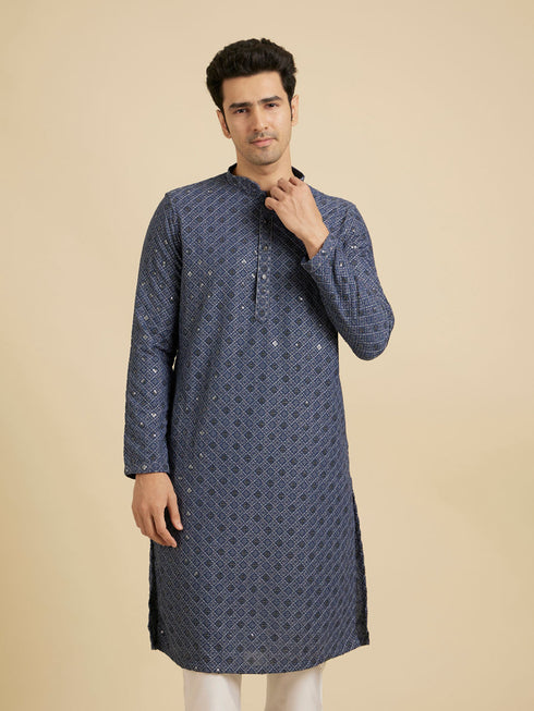 Manyavar Oxford Blue Chikankari Kurta Set with Sequin Work