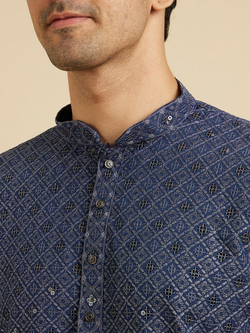 Manyavar Oxford Blue Chikankari Kurta Set with Sequin Work