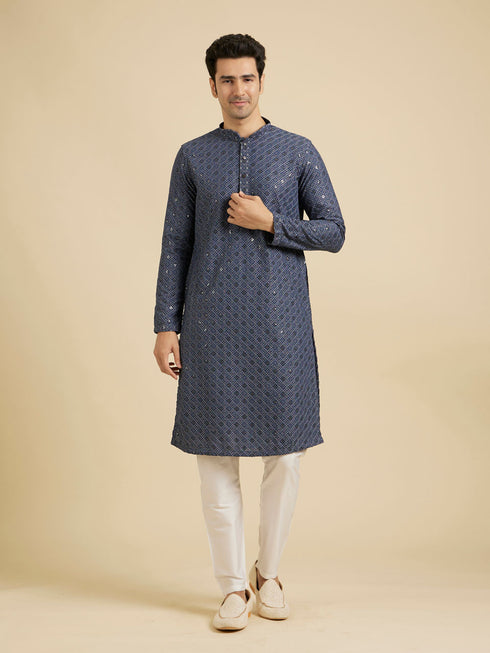 Manyavar Oxford Blue Chikankari Kurta Set with Sequin Work