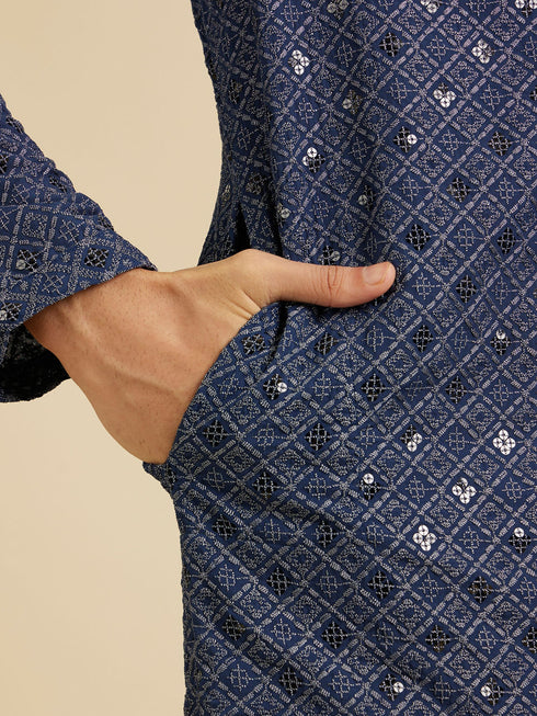 Manyavar Oxford Blue Chikankari Kurta Set with Sequin Work