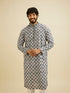 Manyavar Ash Grey Chikankari Printed Kurta Set with Striped Collar