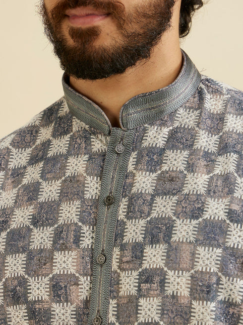 Manyavar Ash Grey Chikankari Printed Kurta Set with Striped Collar