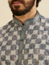 Manyavar Ash Grey Chikankari Printed Kurta Set with Striped Collar