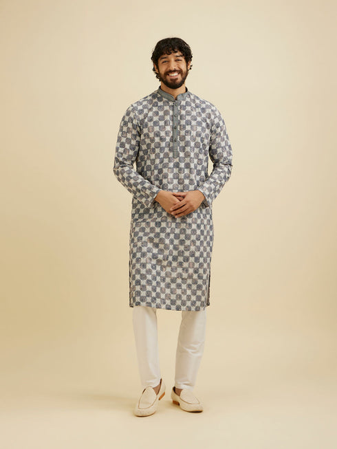 Manyavar Ash Grey Chikankari Printed Kurta Set with Striped Collar