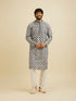 Manyavar Ash Grey Chikankari Printed Kurta Set with Striped Collar