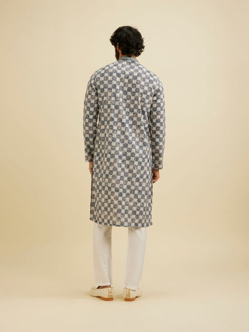 Manyavar Ash Grey Chikankari Printed Kurta Set with Striped Collar