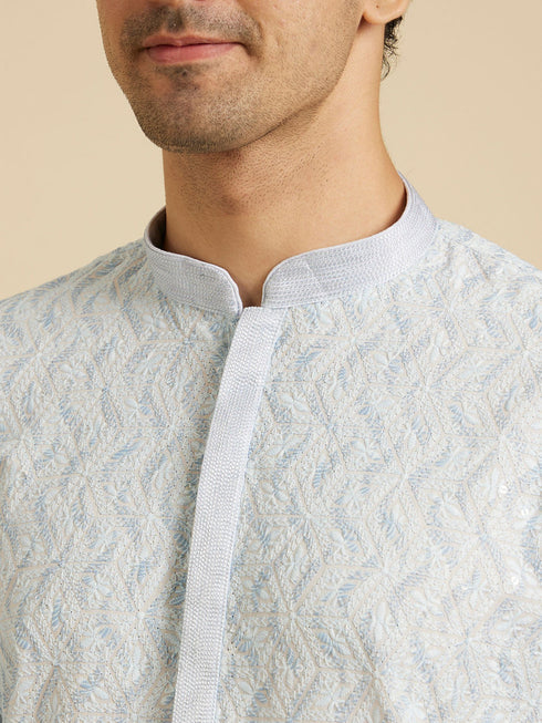Manyavar Ice Blue Chikankari Printed Kurta Set with Sequin Work